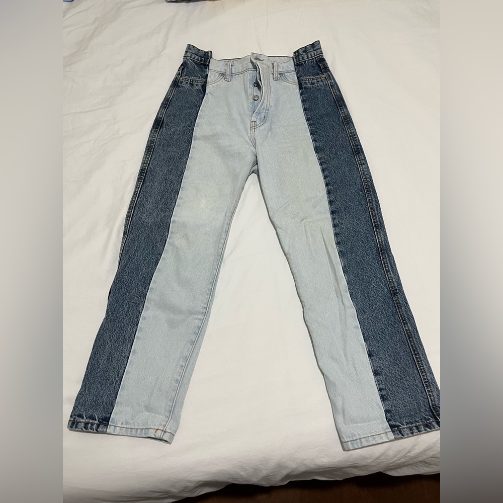 REVICE Two-Tone Straight Leg Jeans in Light and Dark Wash